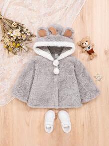 SHEIN 女嬰3D耳朵設計連帽珊瑚絨外套 - 粉色 - 查看 1