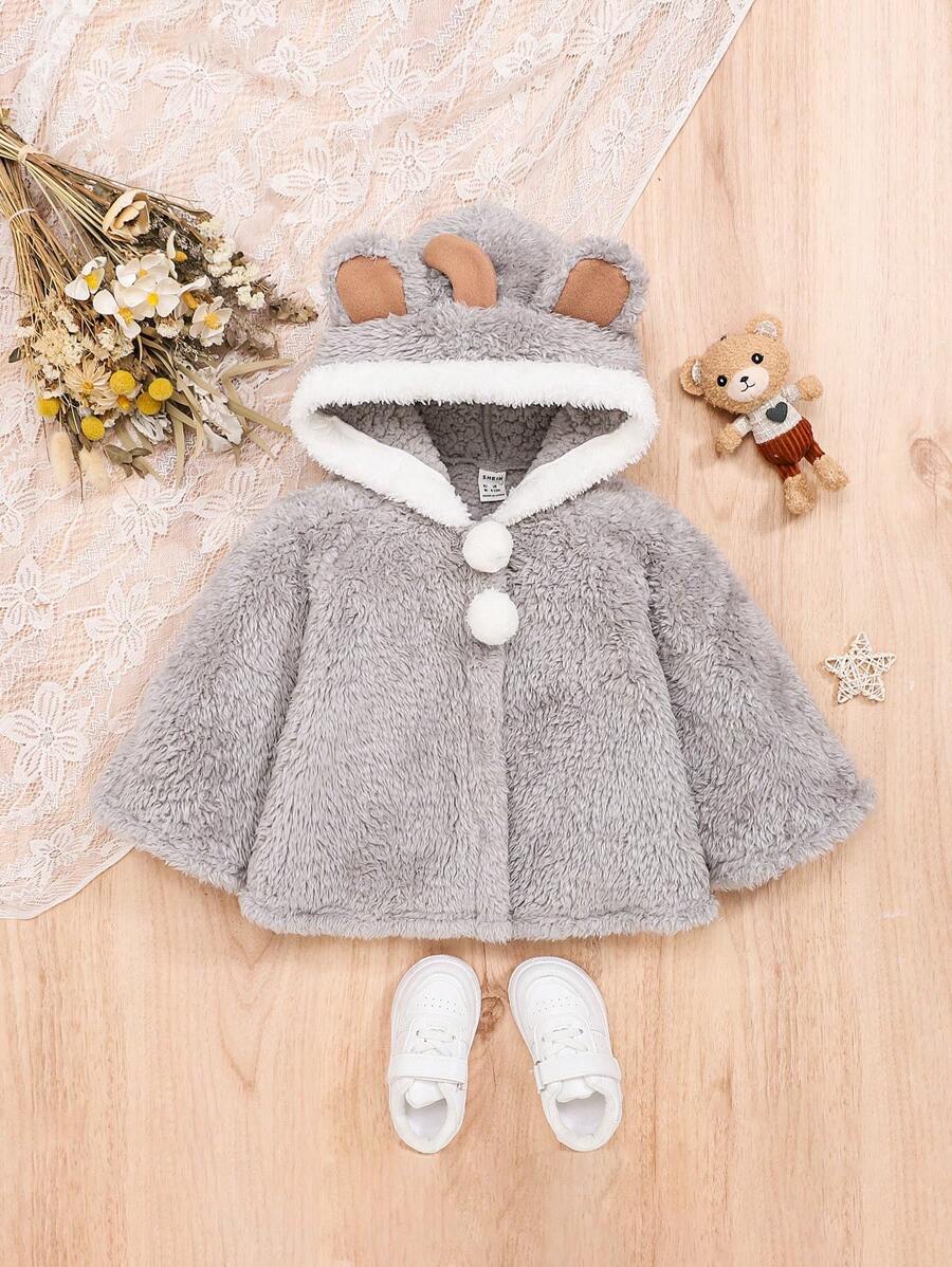 SHEIN 女嬰3D耳朵設計連帽珊瑚絨外套 - 粉色 - 查看 1