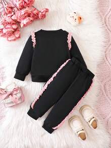 Em bé Cô gái Hoạt hình In Áo nỉ Với Nơ Trang trí Xếp nếp Hem Và Quần Hai chiếc Bộ - màu đen - Xem 2