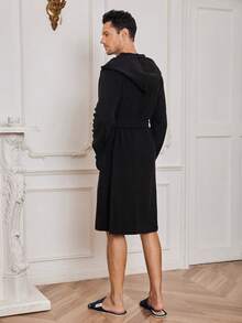 Nam Lá thư Đổ xô áo có mũ Áo choàng thắt lưng - màu đen - Xem 2