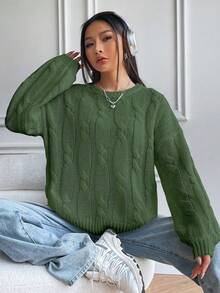 SHEIN Unity Xoắn Dan Thả vai Áo len - màu xanh lá - Xem 3