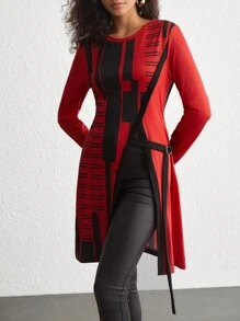 SHEIN Unity Camiseta con estampado geométrico con diseño con hebilla bajo asimétrico - Rojo - Ver 4