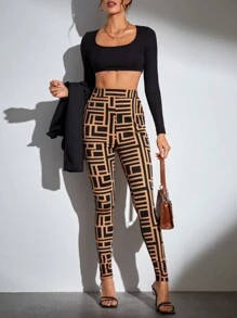 SHEIN Tall Geo Print Slant Pocket Leggings - Khaki - View 3