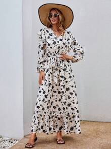 SHEIN VCAY Vestido con cinturón con estampado floral ribete con fruncido - Multicolor - Ver 5