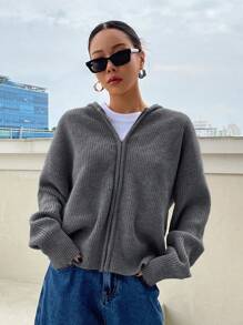 DAZY Drop Shoulder Zip Up Hooded Cardigan,Fall Clothes Jacket - Dark Grey - View 4