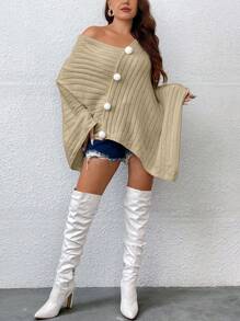 Celure 大碼小絨球細節不對稱下擺斗篷毛衣 - 卡其色 - 查看 5