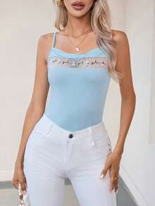 SHEIN Privé Thêu hoa Mặt trước xếp ly dọc Cami ngọn - Màu xanh lam - Xem 4