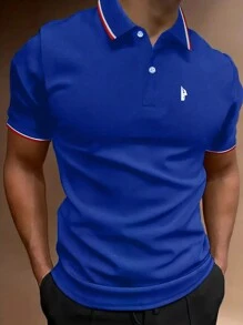 Manfinity Homme Men Graphic Contrast Trim Half Button Dress Polo Shirt, Cotton Royal Blue Golf Americana Style Shirt For Friends - Blue - View 1