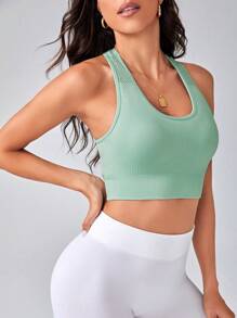 SHEIN Daily&Casual 素色工字運動型胸罩 - 綠色 - 查看 5