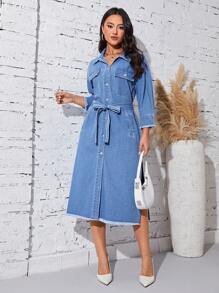 SHEIN Privé Flap Pocket Raw Trim Belted Denim Dress - Light Wash - View 1