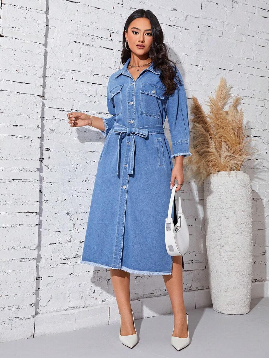 SHEIN Privé Flap Pocket Raw Trim Belted Denim Dress - Light Wash - View 1