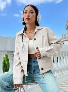 SHEIN Unity Drop Shoulder Drawstring Hem PU Leather Jacket - Beige - View 1