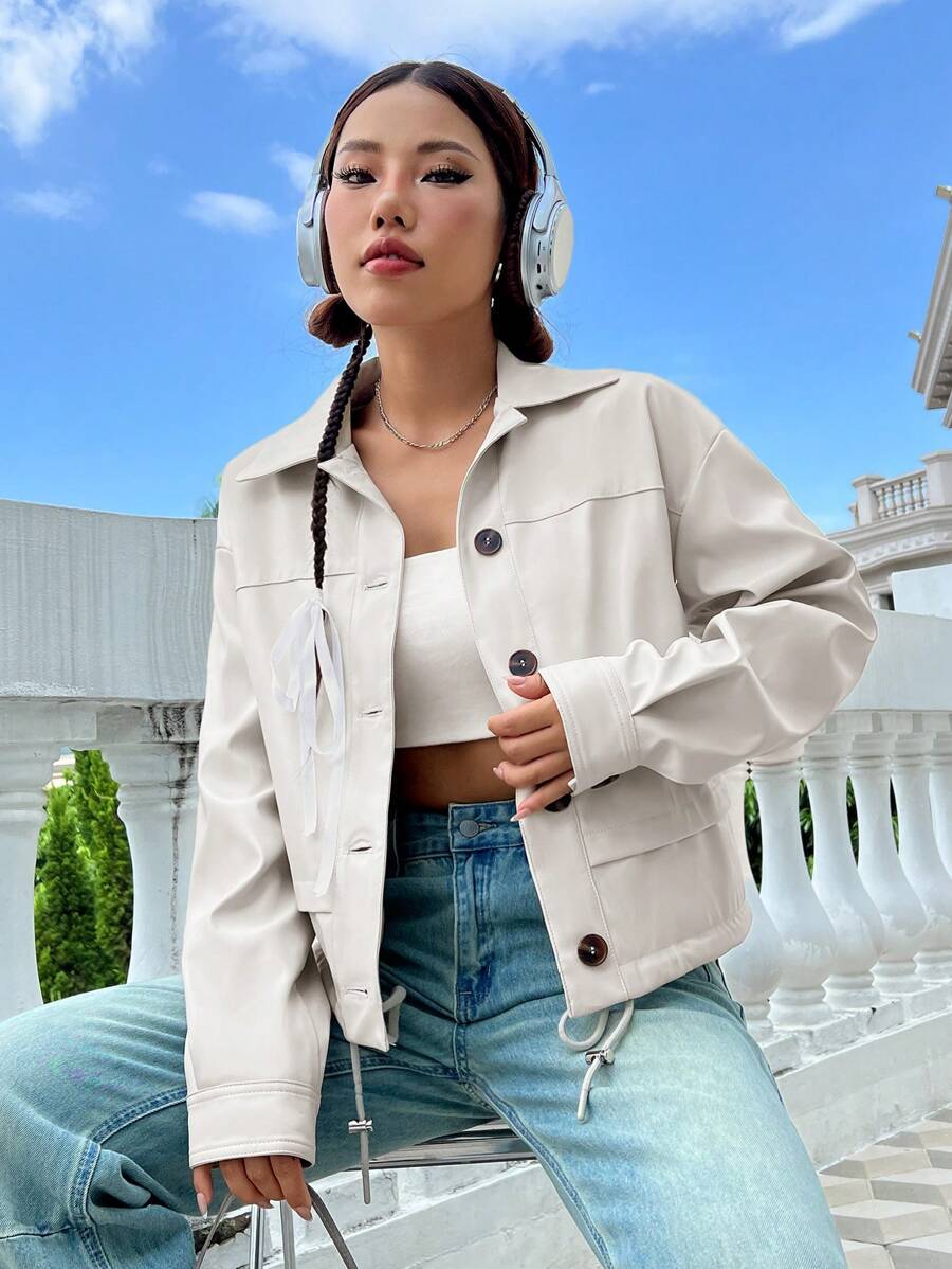 SHEIN Unity Drop Shoulder Drawstring Hem PU Leather Jacket - Beige - View 1