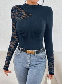 SHEIN Privé Camiseta con encaje en contraste de cuello alto - Azul Marino - Ver 6