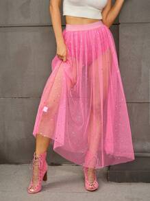 SHEIN Unity 太陽和月亮亮片高腰網紗覆蓋金屬亮絲半身裙 - 粉色 - 查看 4