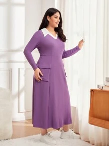 Mulvari Plus Contrast Collar Dual Pocket Dress - Purple - View 4