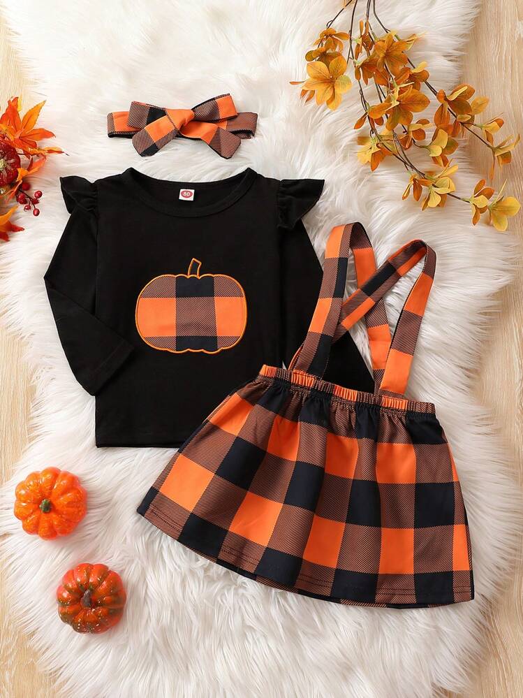 Young Girl Pumpkin Print Ruffle Trim Tee Buffalo Plaid Print Suspender Skirt SHEIN