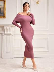Modelyn Foldover Off Shoulder Sweater Dress Without Belt Fall Cloth For Women - Dusty Pink - View 3