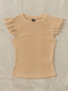 SHEIN VCAY Plus Solid Ruffle Trim Tee - Khaki - View 4