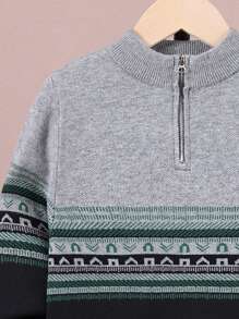 SHEIN Leap Crew Tween Boy Geo Pattern Quarter Zip Sweater - Multicolor - View 3