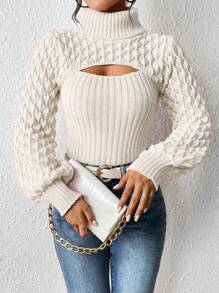 女士高领长袖镂空设计时尚毛衣，秋冬 - 杏色 - 查看 6