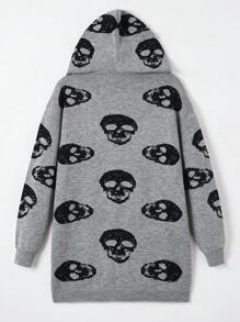 SHEIN EZwear Cárdigan de plumero con patrón de cráneo de hombros caídos con capucha - Gris - Ver 2