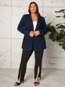 SHEIN Privé Hơn Khăn quàng Mở Mặt trước Áo vest - Màu xanh hải quân - Xem 3