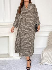 SHEIN Frenchy 大碼滿版印花捲邊袖洋裝不附腰帶 - 卡其色 - 查看 5