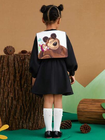 SHEIN X Masha and The Bear Young Girl Cartoon Bear Printed Sweatshirt Dress With Large Collar
