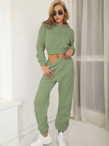 SHEIN LUNE Drop Shoulder Elastic Hem Drawstring Hoodie & Sweatpants - Green - View 1
