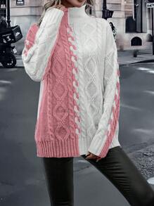 SHEIN LUNE 雙色高領麻花編織落肩袖套頭毛衣 - 藕粉色 - 查看 3