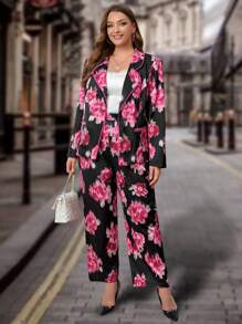 SHEIN Clasi Plus Floral Print Satin Blazer - Multicolor - View 4