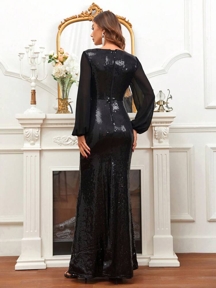 Lantern Sleeve Mermaid Hem Sequin Formal Dress