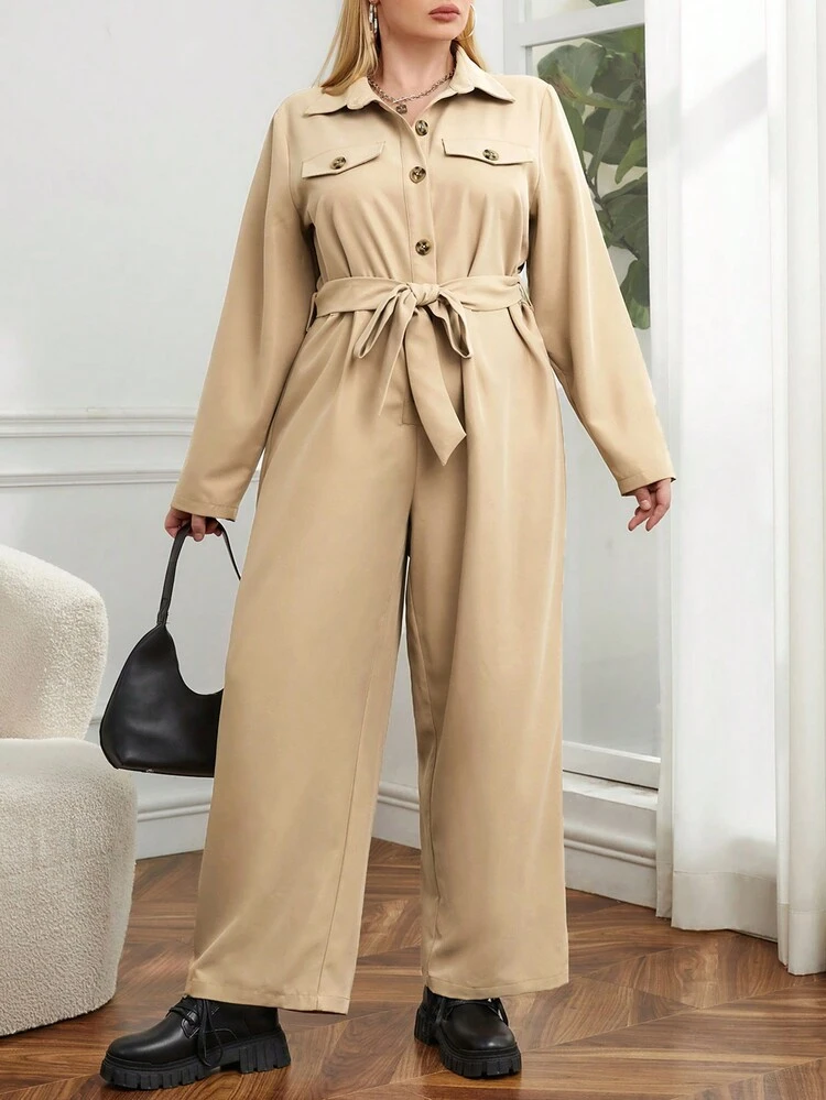Plus Flap Detail Belted Shirt Jumpsuit