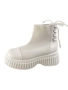 女性極簡風格套頭衫針織靴子時尚繫帶素色女性靴子