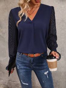 INAWLY Contrast Mesh Flare Sleeve Blouse - Navy Blue - View 5
