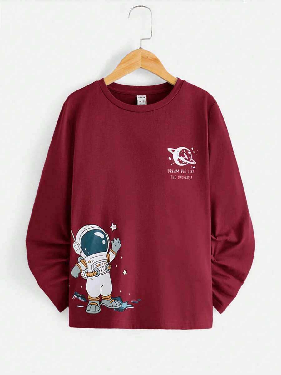 SHEIN Tween Boy Astronaut & Slogan Graphic Tee - Red - View 1