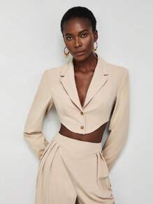 SHEIN Privé Cổ áo Crop Blazer - Màu Khaki - Xem 4