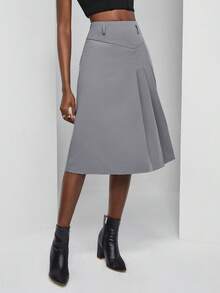 SHEIN Privé 褶皺細節半身裙不附腰帶 - 灰色 - 查看 5