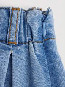 SHEIN Tween Girl Solid Color Pleated Denim Skirt, Casual Elastic Waistband