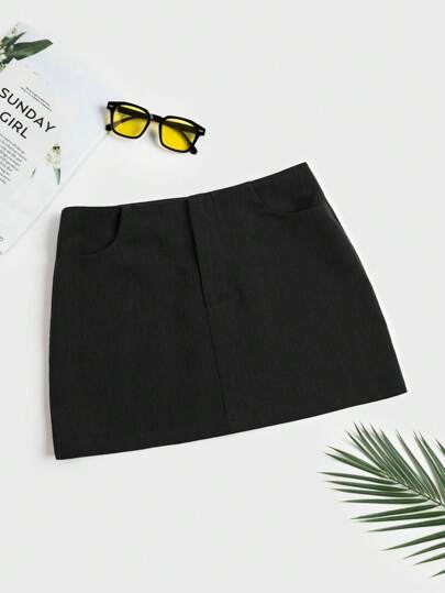 SHEIN EZwear 夏季外出實心低腰直筒黑色迷你裙