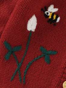 Baby Girl Bee & Floral Embroidery Button Front Cardigan - Burgundy - View 4