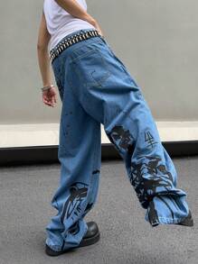 Manfinity Roghcode Men Letter Graphic Wide Leg Jeans Plain Wide Jeans, Long Royal Blue Oversize Washed Cargo Jeans, For Husband, Boyfriend Gifts - Blue - View 6