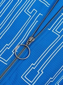 SHEIN ICON Đồ họa Chữ cái Dây kéo Dây rút Áo hoodie ngắn - Màu xanh lam - Xem 4