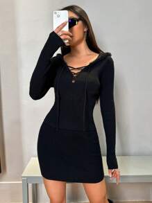Flirla Lace Up Front Hooded Sweater & Knit Skirt Fall Cloth For Women - Black - View 1