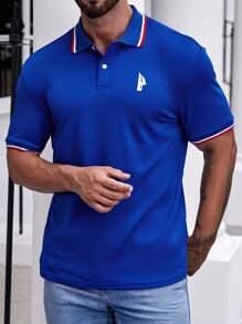 Manfinity Homme Men Graphic Contrast Trim Half Button Dress Polo Shirt, Cotton Royal Blue Golf Americana Style Shirt For Friends - Blue - View 6