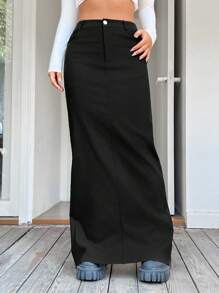 SHEIN EZwear Solid Maxi Straight Leg Skirt - Black - View 3