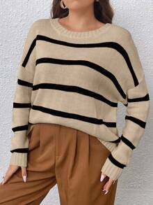 Celure Talla grande Jersey con patrón de rayas de hombros caídos - Caqui - Ver 4