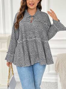 SHEIN Frenchy Hơn In Toàn bộ Cà vạt tay áo lá sen Lá sen tỉa Áo sơ mi - Đen và trắng - Xem 1