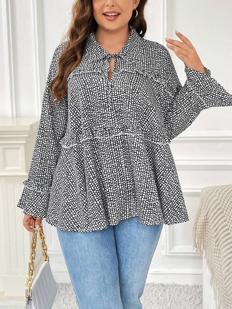 SHEIN Frenchy Hơn In Toàn bộ Cà vạt tay áo lá sen Lá sen tỉa Áo sơ mi - Đen và trắng - Xem 1